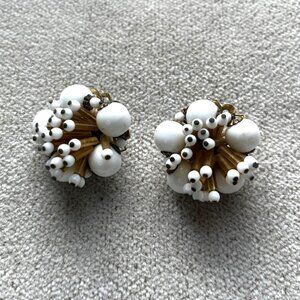 Vintage White Beaded Floral Cluster Clip-On Earrings With Brass Backings